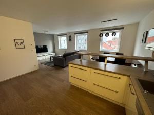 a room with a kitchen and a living room at City Center apartment FREE PRIVATE PARKING in České Budějovice