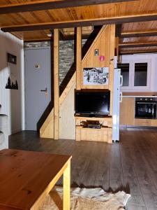 a living room with a tv and a wooden ceiling at Le Joly Chalet in Saint-Imier