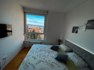 a bedroom with a bed and a large window at Stan na dan Bella in Banja Luka
