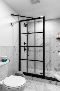 a bathroom with a shower with a toilet and a glass door at The Phenix Historic DTWN Hotel, King Bed, Room # 311 in Bangor