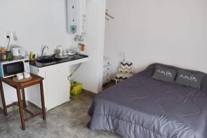1 dormitorio con 1 cama y cocina con fregadero en Nómade Habitación en Rufino