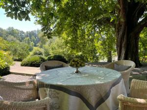 een tafel met een vaas met druiven erop bij bed,Beet&breakfast „ds aute Pfarrhuus“ in Rapperswil