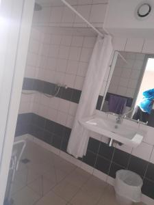 La salle de bains est pourvue d'un lavabo et d'un miroir. dans l'établissement Gite de la Draye, à Crots