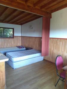 a bedroom with a bed and a table and a chair at Departamentos y Cabañas tres espinos altos in Valdivia
