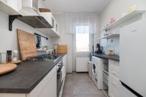 格利維採的住宿－Apartament Modrzejewska，厨房配有白色橱柜和台面