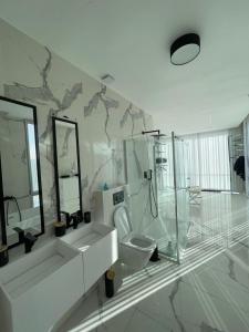 een badkamer met een toilet, een wastafel en een spiegel bij La Maison Blanche in Écully