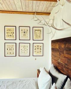 sypialnia z łóżkiem i czterema zdjęciami na ścianie w obiekcie Przechowalnia Marzeń w mieście Mikołajki