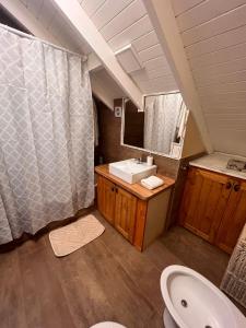 a bathroom with a sink and a toilet and a mirror at El Foye in Villa La Angostura