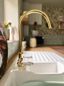 a kitchen sink with a gold faucet at Rowan Cottage in Cromford