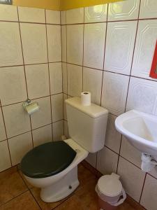 uma casa de banho com um WC com uma tampa verde e um lavatório em Chácara Vista para Represa em Mogi das Cruzes