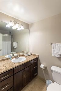 La salle de bains est pourvue d'un lavabo, de toilettes et d'un miroir. dans l'établissement Captivating Apartment with Pier Views, Pool and Gym, à Chicago