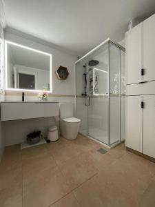 een badkamer met een douche en een toilet. bij Apartamento El Portil, Playas del Sur in El Portil