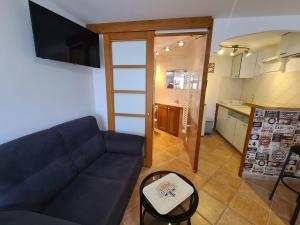 a living room with a blue couch and a kitchen at Studio Vintage dans la nature in Carnoules +6 photos