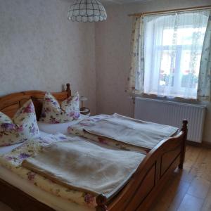 two twin beds in a bedroom with a window at Ferienhaus Marianne in Diesbar