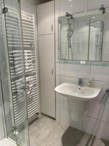 a bathroom with a sink and a glass shower at Dünenrose 21 in Norderney