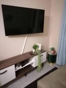 a living room with a flat screen tv on a wall at Peaceful Home with Sbo in Pietermaritzburg