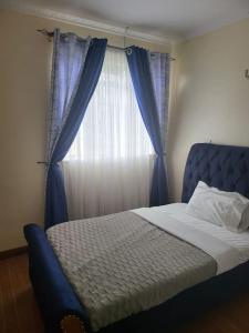 Un dormitorio con una cama azul y una ventana en Vacay interprime villa #10 en Kitengela 