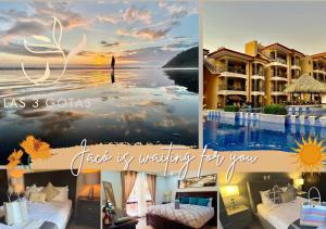 een collage van drie foto's van een resort bij Apartamento de lujo frente a playa Jacó-3 BD/ 2 BA in Jacó