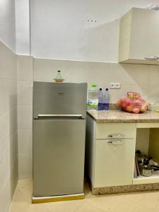 eine Küche mit einem Kühlschrank und einer Theke mit Hühnern in der Unterkunft Coquette studio 7 min plage in Agadir