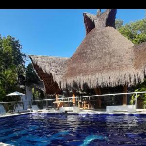 ein Resort mit einem Strohschirm und einem Pool in der Unterkunft Hotel Casa del Ángel in Villavieja