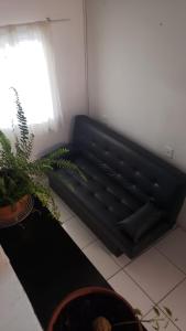 un divano nero in una stanza con una pianta di Linda Casa Inteira c/ Acesso a Praia do Campeche a Florianópolis