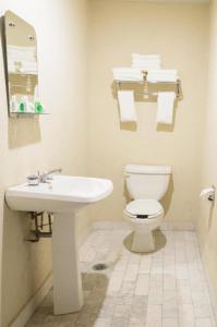 een badkamer met een wastafel, een toilet en een spiegel bij Meson Sonora in Nuevo Laredo