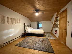 een slaapkamer met een bed en een plafondventilator bij Cozy Alaskan Log Home - Aurora overhead in Fairbanks