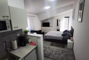 a bedroom with a bed and a kitchen with a sink at Art Room & Apartment in Ogulin