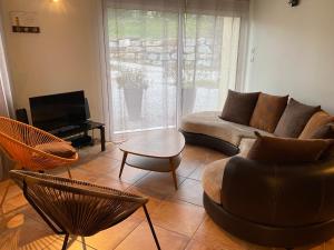 uma sala de estar com um sofá e cadeiras e uma televisão em La Magnanerie *** em Vesseaux