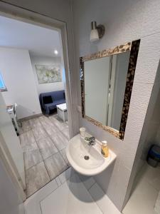 a bathroom with a sink and a mirror at HELLO House in Alytus