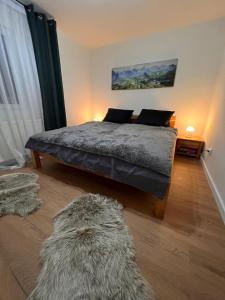 ein Schlafzimmer mit einem Bett und einem Teppich auf dem Boden in der Unterkunft Alpine Escape by BOB in Cavnic