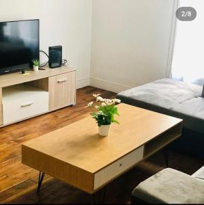 uma sala de estar com uma mesa de centro e uma televisão em Appartement charonne em Paris