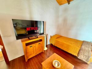 Zimmer mit einem TV, einem Bett und einem Tisch in der Unterkunft Guanche 'Casa rural canaria' in San Miguel de Abona