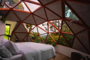 - une chambre avec une grande fenêtre dans une cabane dans les arbres dans l'établissement Ecoresort Colombo Holandes, à Cali