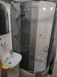 La salle de bains est pourvue d'une douche et d'un lavabo. dans l'établissement Mieszkanie 2pokojowe, à Wieliczka