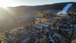 an aerial view of a town with buildings and a river at Ferienwohnung am Eisenberg in Schmiedefeld am Rennsteig