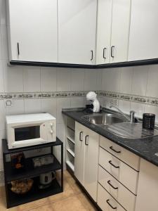 a kitchen with a sink and a microwave on a counter at Alojamiento Los Bonales in Cazorla +2 photos