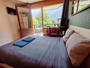 een slaapkamer met een bed en een groot raam bij Appartement ski in out 5 in Les Houches