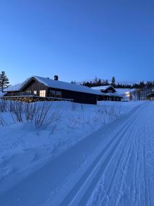 a snow covered road with a building in the background at Koselig hytte - Trysilfjellet ski in og ski out 4 soverom, 2 bad, badstue, fiber bredbånd og Elbillader in Trysil