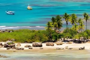 a beach with palm trees and a boat in the water at Flats Nascer do Sol in Cayru