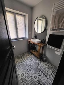 a bathroom with a sink and a mirror at Le Cosy de la Fanière in Yvré-lʼÉvêque