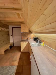 捷克布傑約維採的住宿－Chaloupka，一个带水槽和木制天花板的厨房