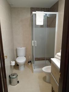 a bathroom with a toilet and a glass shower at Rincón de María José in Monachil