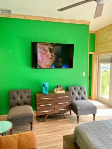 a bedroom with a green wall with a flat screen tv at The Tatman Evergreen Suite in Lake Alfred