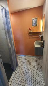 a bathroom with a sink and a toilet and a shower at Les Oliviers : Studio spacieux belle vue mer, Clim in Port-Vendres +9 photos