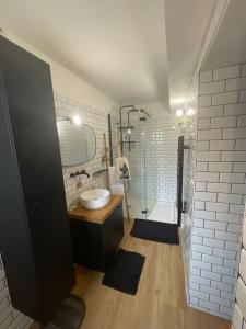 a bathroom with a sink and a shower with a tub at le cap in San-Martino-di-Lota