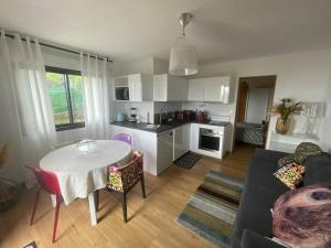 a kitchen and living room with a table and a couch at le cap in San-Martino-di-Lota +4 photos