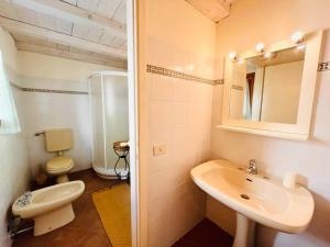 La salle de bains blanche est pourvue d'un lavabo et de toilettes. dans l'établissement Casa Mina(Wi-fi & TV), à Serralunga di Crea