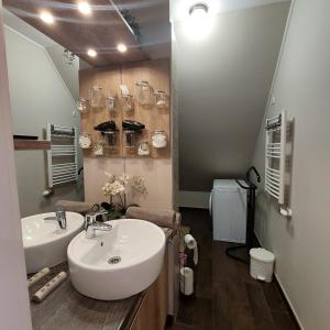 a bathroom with a sink and a mirror at Hétvezér Penthouse Apartments in Szeged