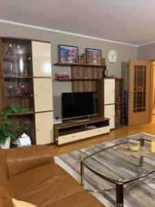 ein Wohnzimmer mit einem Sofa und einem Flachbild-TV in der Unterkunft Leon’s Apartment in Krefeld
